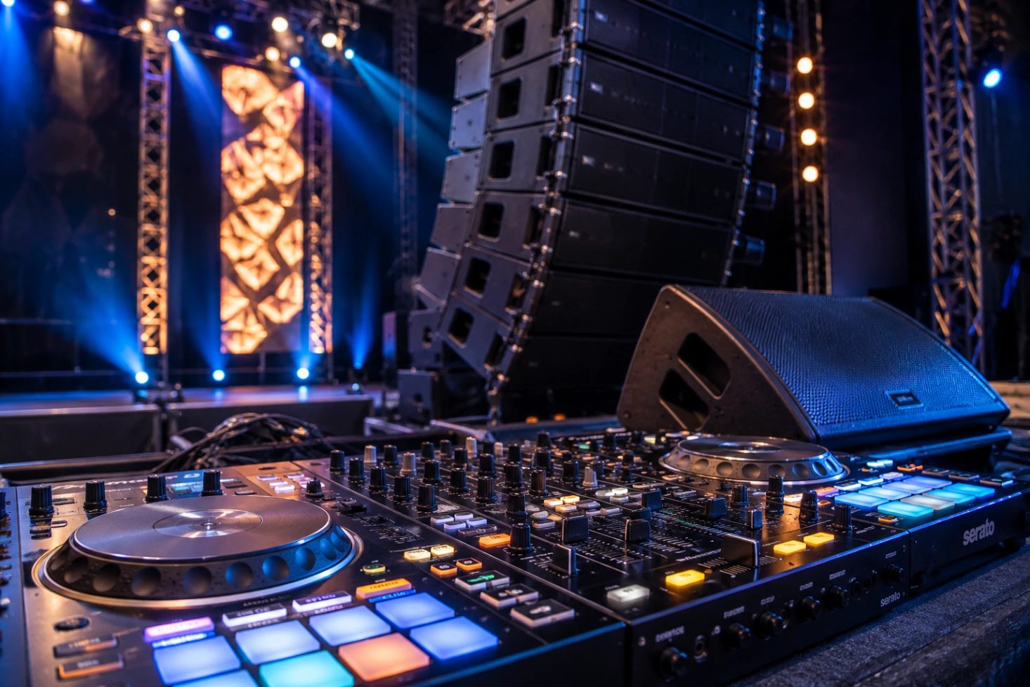 Wedding DJ setup with LED lighting and dance floor at an Ahmedabad wedding