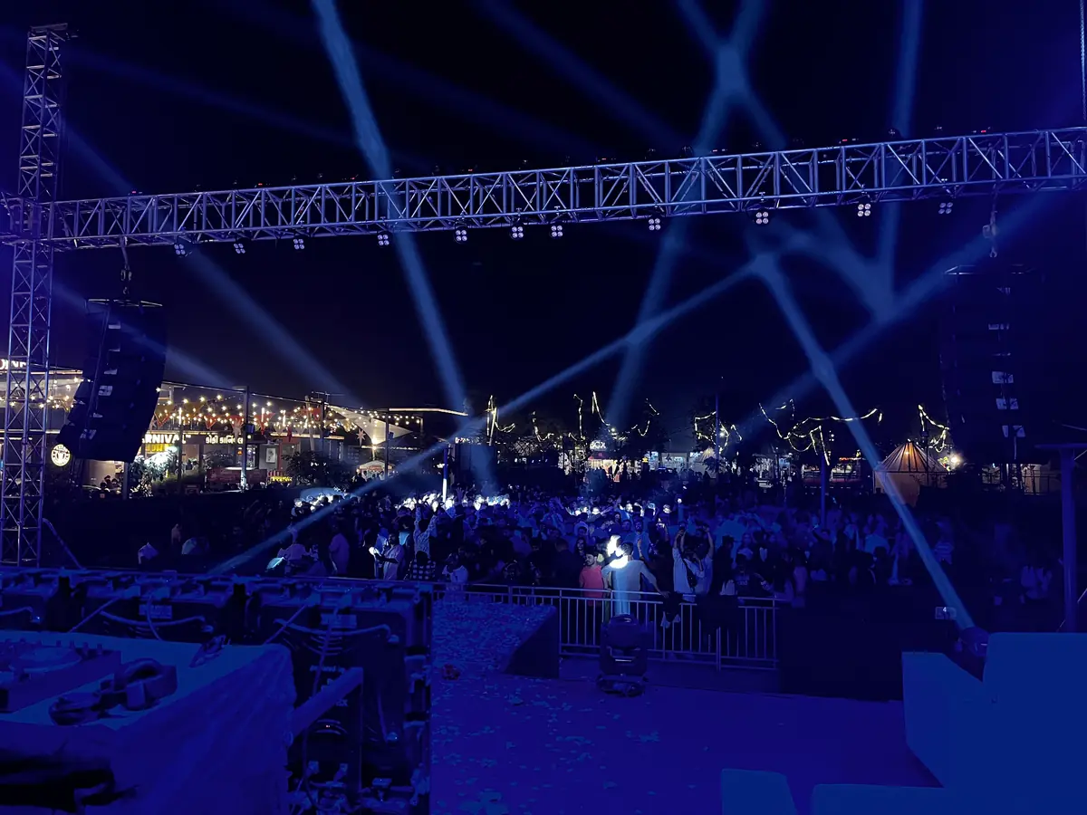 Night-time crowd and stage lighting at No Pause Party at Box Park Ahmedabad